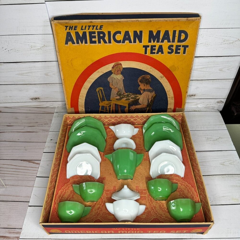 VTG Akro Agate Little American Maid Tea Set Children's Toys Dishes Green & White